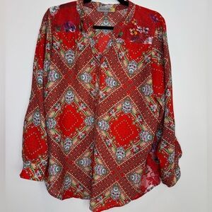 Figueroa & Flower mix media Red Patterned blouse size medium